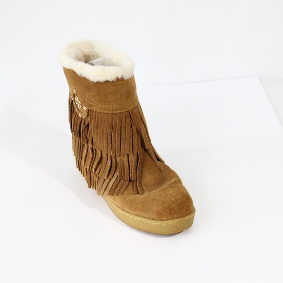 Tory Burch Boots Women Collins Moccasin Bootie sz 6 Shearling lined Fringe - Picture 3 of 11